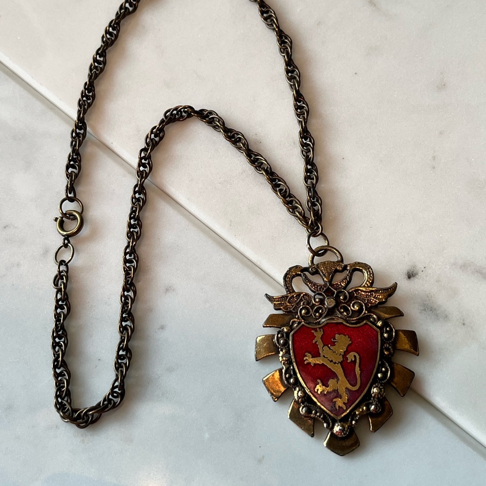 Vintage Art Deco Brass Lion Shield Necklace